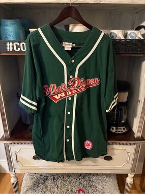 Disney Dark Green Baseball Jersey with White Trim and Red Logo great condition